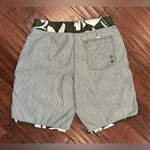 Old Navy Size M Men’s Vintage Green Blue Plaid Swim Trunks Shorts Hook Loop Tie - Picture 4 of 9
